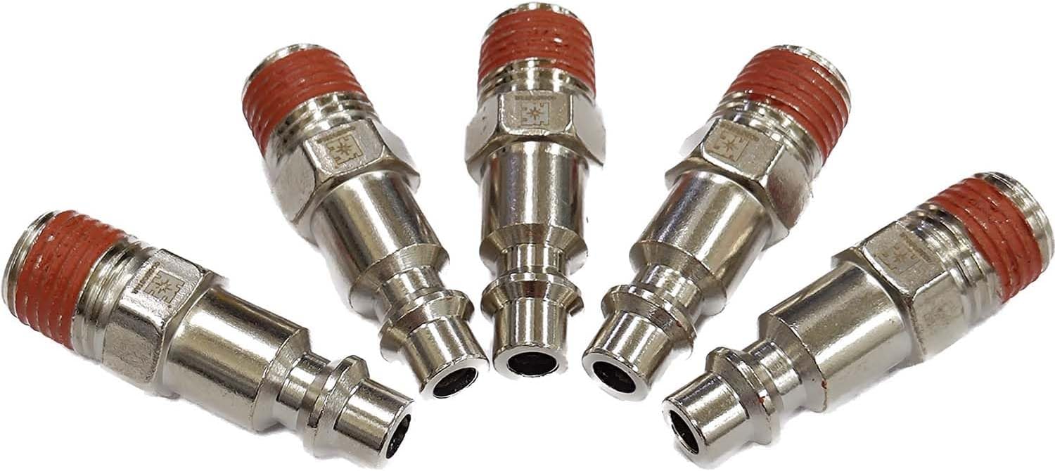 COSMOSTAR Industries Steel 1/4" MNPT Air Plug Fitting, 1/4 Inch Plug and 1/4" NPT Connector with Pre-Applied Sealant - Industrial Type Quick Connect Plugs (1/4" PMNPT, 5 PCS)