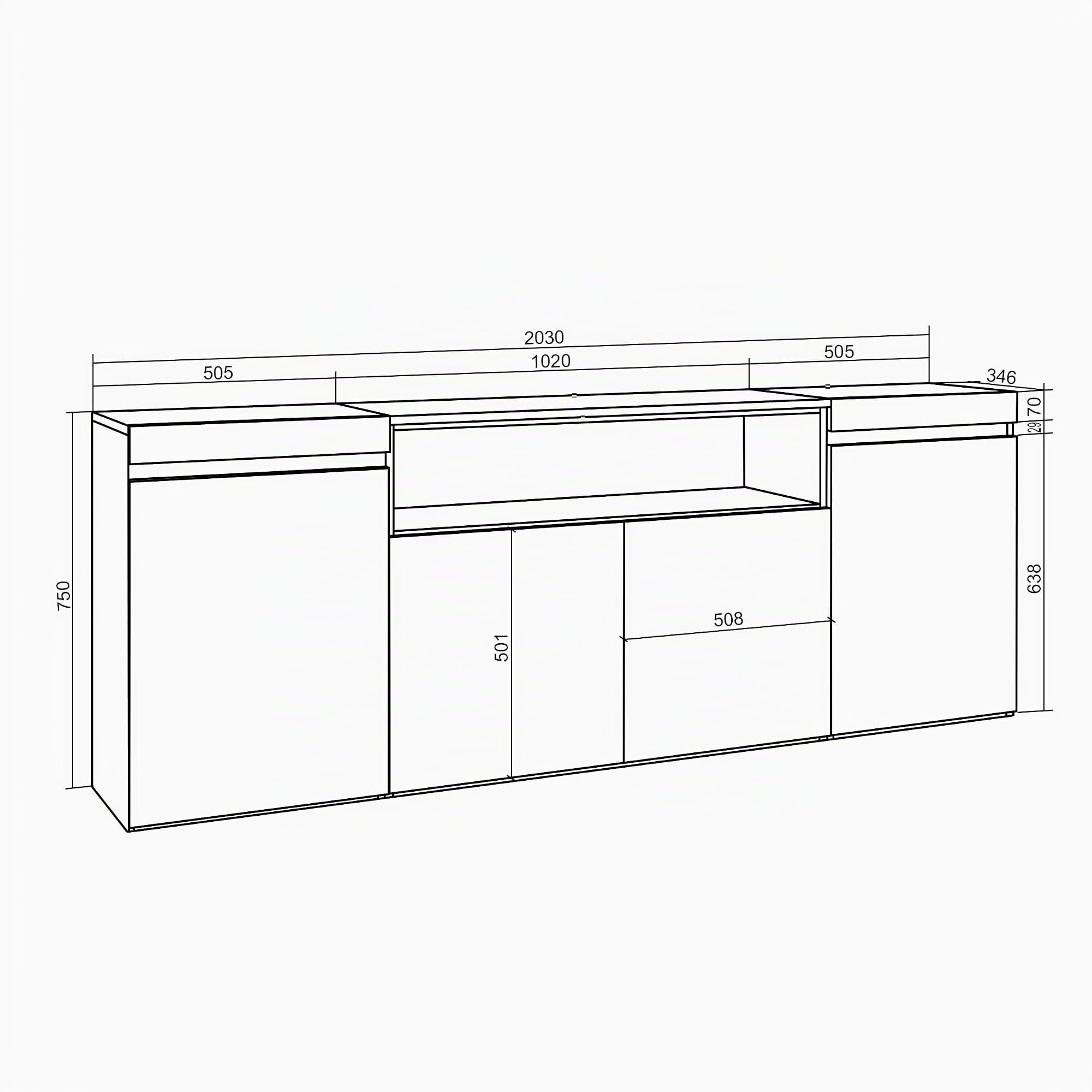 Skraut Home | Sideboard, Highboard | Kommode, Komodenschrank | 200x75x35cm | 4 Türen | Wohnzimmer, Küche | Moderner Stil | Eiche Schwarz