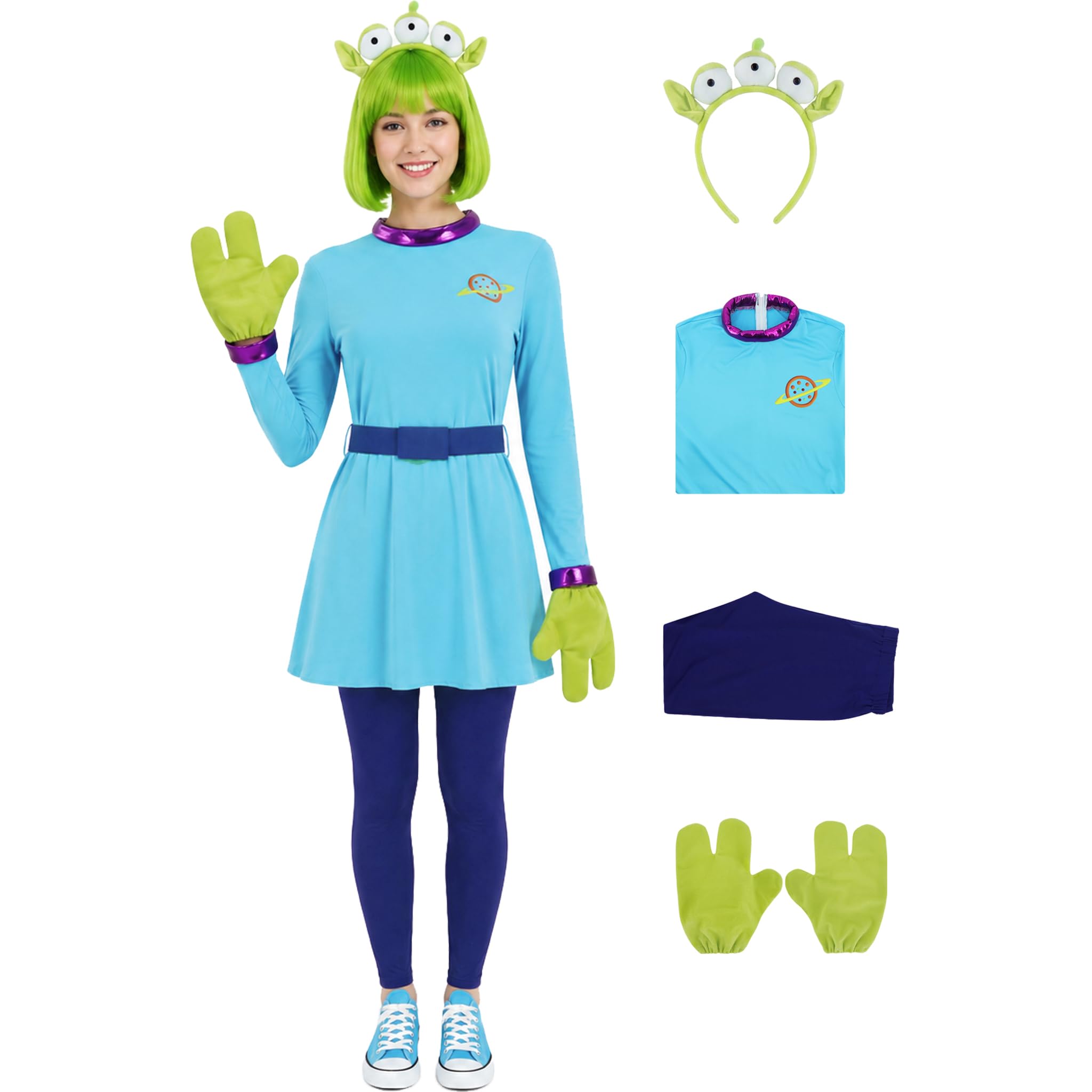 AYYOHON Alien Costume Dress Women Three-eyed Alien Monster Toy Cosplay Top Pants Headband Gloves Outfit Adult Halloween Suit XL