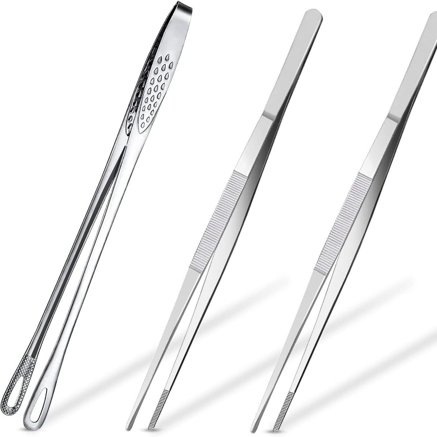 12-Inch Stainless Steel Kitchen Tweezers, Extra-Long Fine Precision Cooking Tongs for Grilling and Frying, 3 Pack