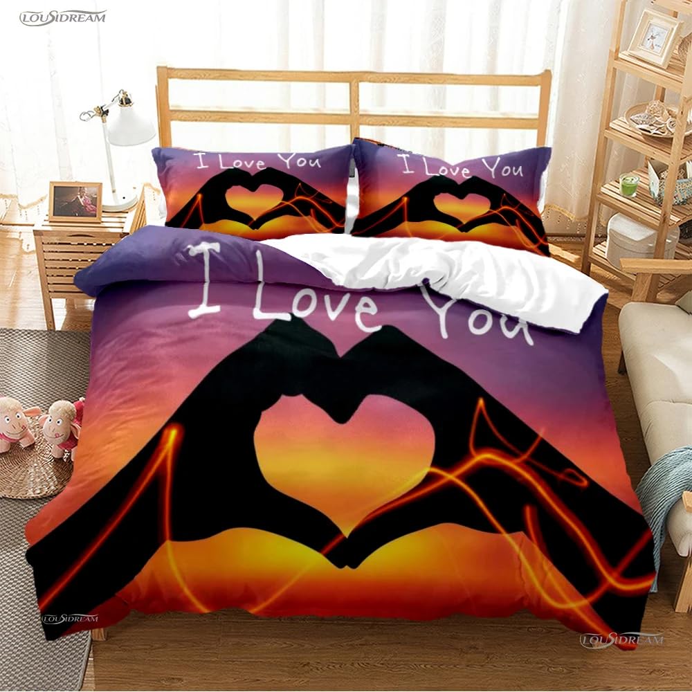 QBIDCSX King Size Duvet Cover Sets LOVE King Size Bedding Sets Patterned Bed ding 230x220 cm and 2 Pillowcases 50x75 cm with Zipper - Warm & Ultra Soft Brushed Microfiber