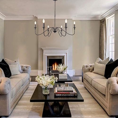 Miniatura 4 de T&A - Candelabros negros de 6 luces, lámpara colgante de techo de vela clásica, lámpara de hierro forjado, lámpara de granja para cocina, isla de