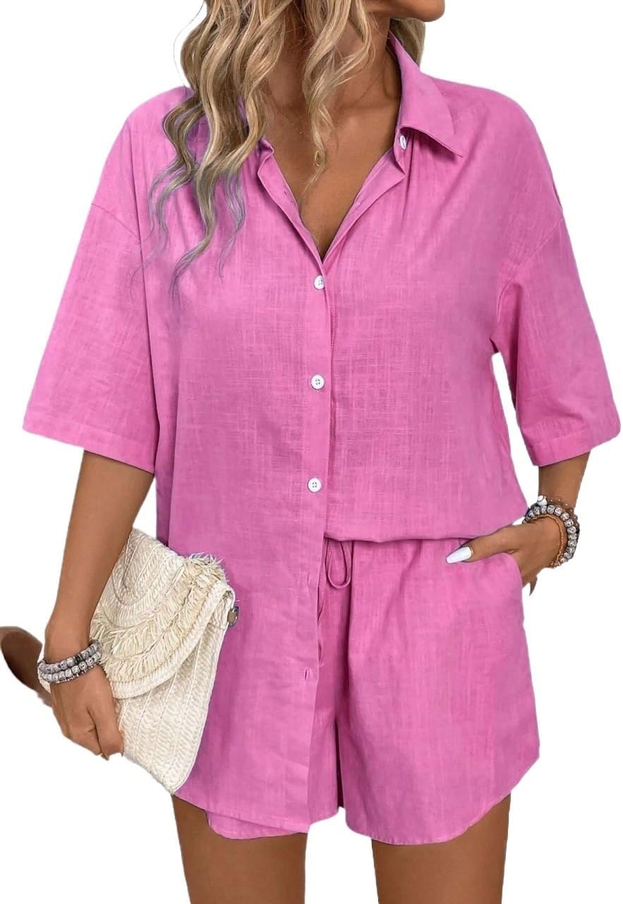 Women's 2-Piece Casual Short Sleeve Shirt Set Oversized Outfit For Spring Summer And Fall