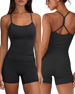 SUUKSESS Women 2 Piece Workout Sets Racerback Sports Bra Shorts with Pockets