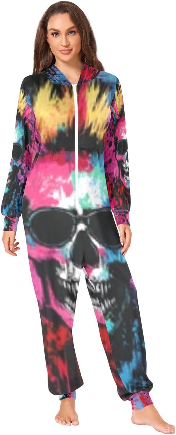 Punk Skull Tie Dye Unisex Adult Onesie Pajamas Comfy One Piece Costume Jumpsuits Novelty Sleepwear Homewear for Men Women