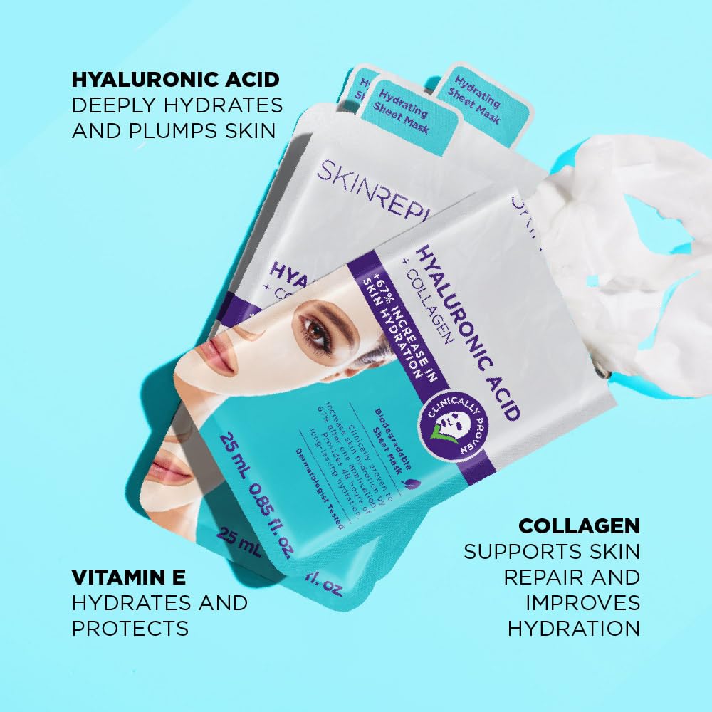 Skin Republic Maska z kwasem hialuronowym i kolagenem, nawilżająca maska na twarz z kwasem hialuronowym i kolagenem, biodegradowalna, 10 sztuk w opakowaniu (10 sztuk)