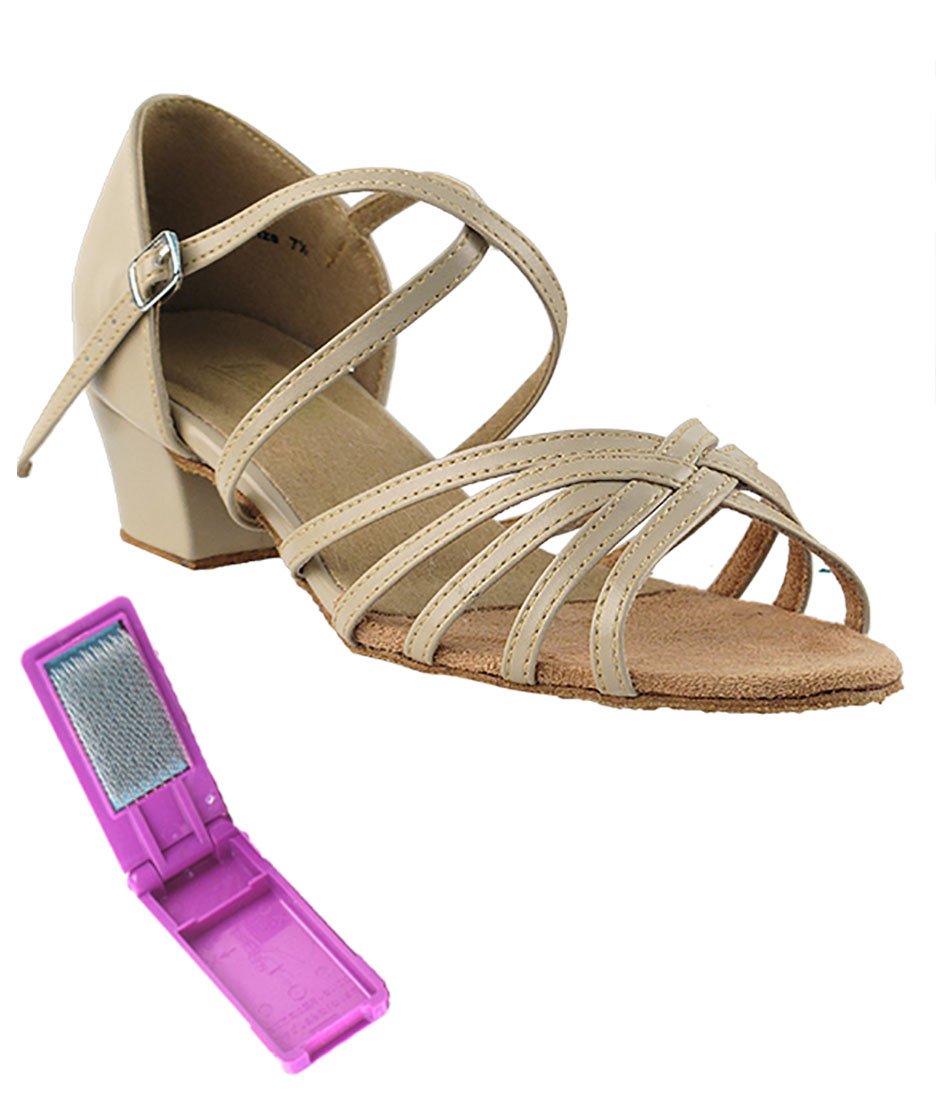 Very Fine Dance Shoes - Ladies Practice, Cuban Low Heel, Waltz Ballroom Dance Shoes - 1670C - 1.5-inch Heel and Foldable Brush Bundle - Tan Leather - 7