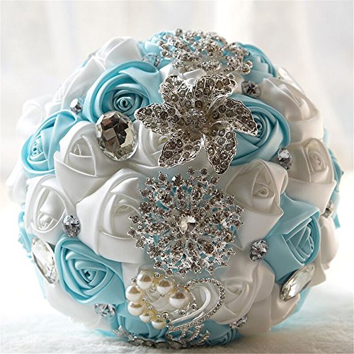 Fouriding Handgemachte Brosche Brautstrauß Braut Satin Rosen Blumen Strass Perlen Blumensträusse Hochzeit Strauß Künstliche Blumenstrauß künstlicher Rosenstrauß Dekoration (Creystal Blue+White) Cover