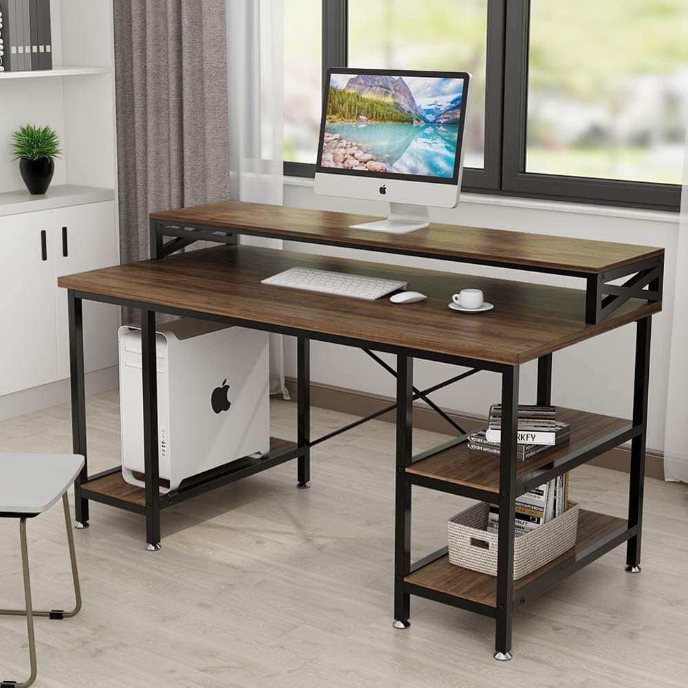 Tribesigns Computer Desk with Storage Shelves, 55 inch Large Modern Office Desk Computer Table Studying Writing Desk Workstation with Hutch for Home Office (Retro Brown)