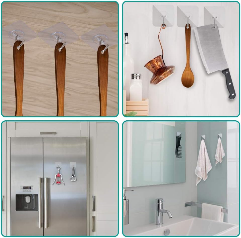 Alliebe Adhesive Hooks Wall Hooks 13lb(Max) Transparent Reusable Seamless Nail Free Hooks Waterproof and Oilproof,Bathroom Kitchen Utility Towel Mug Cups Spatula Can Opener Scissors Hooks（24Pack） : Home & Kitchen