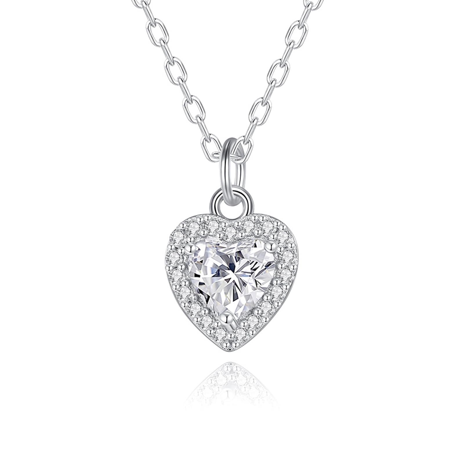 Collana in oro bianco 14 carati 585, con ciondolo a forma di cuore, 45 cm