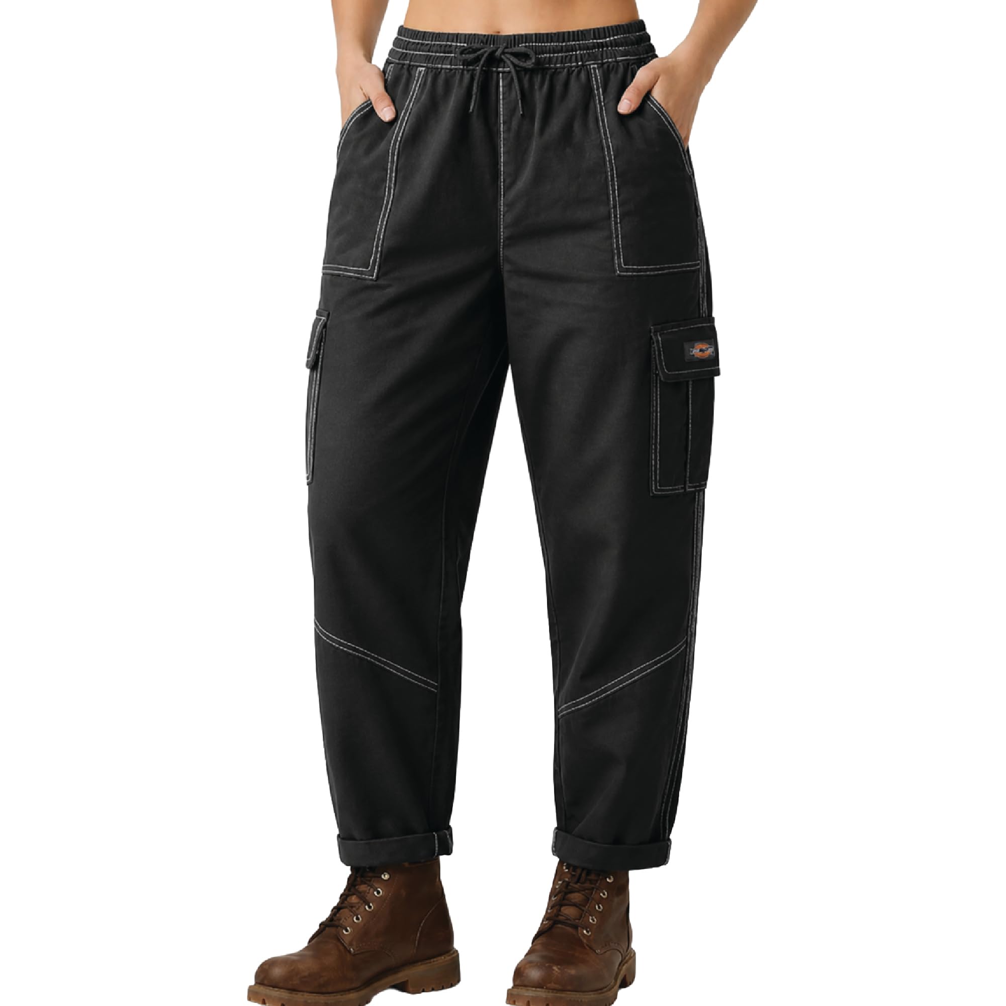 Womens Cotton Twill Cargo Pants Baggy Fit- Rolled Hem | Super Baggy Fit ,Dual Cargo and Slash Pockets, Elastic Drawstring Waist, Adjustable Rolled Cuffs