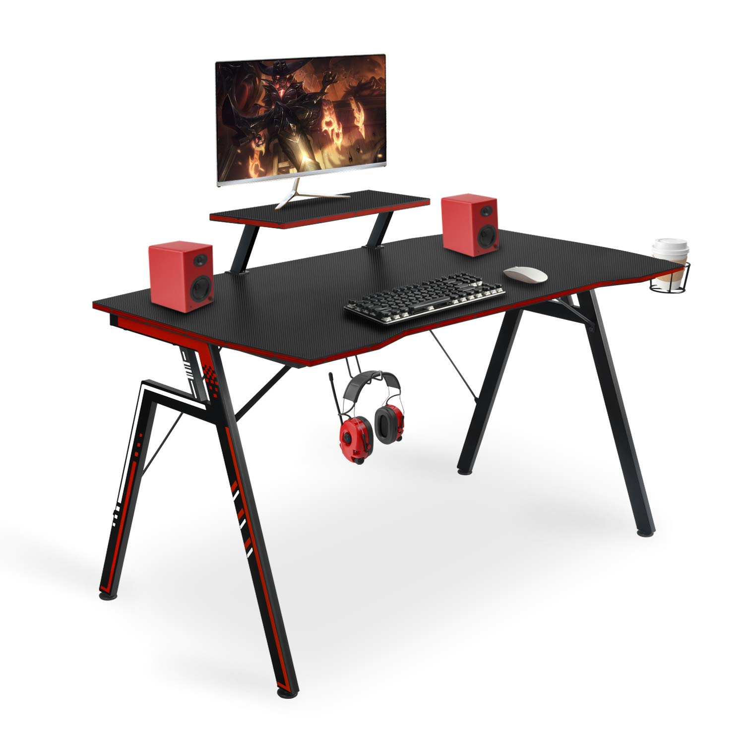 Gaming Computer Desk 47 Inch PC Computer Table Gamer Workstation Home Office Desk with Cup Holder and Headphone Hook, Black