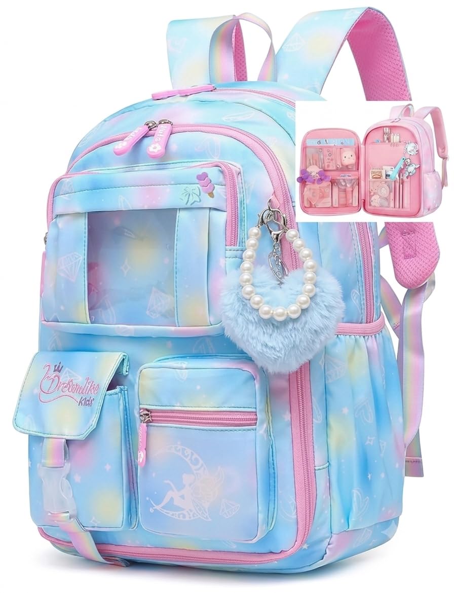 Girls School Bag Waterproof Multi-Pocket Backpack Blue-picture-17