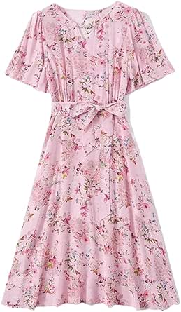 French V Neck Ruffled Print Lace Up Silk Dress Summer BB021
