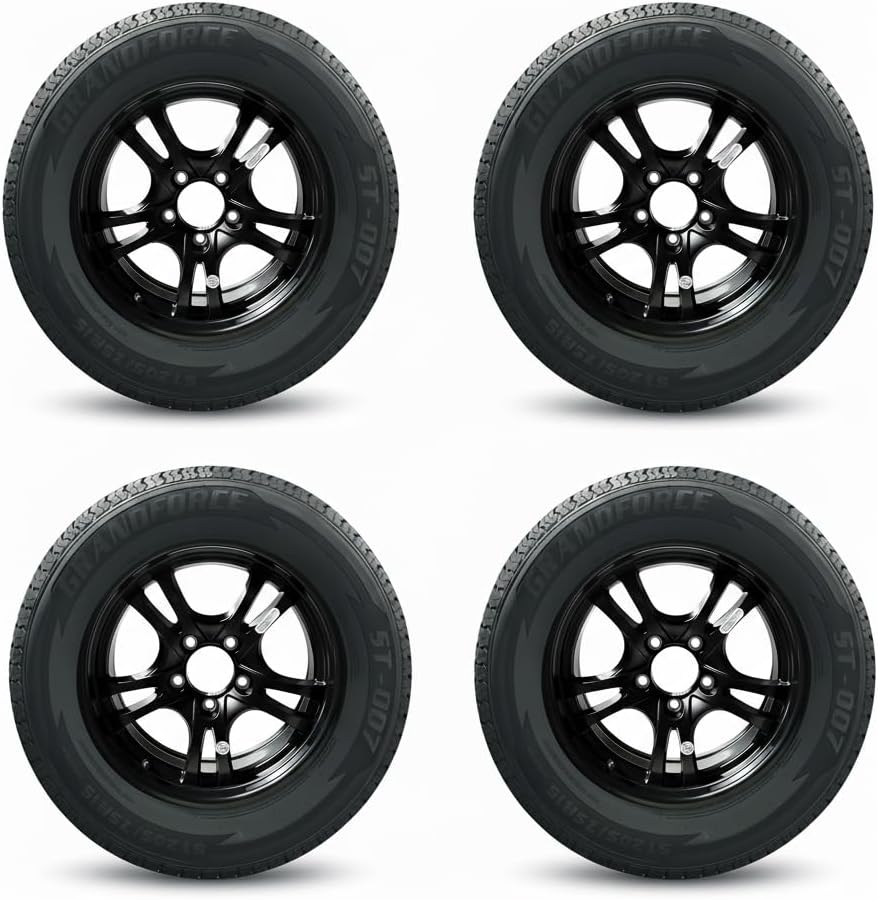 4PCS GRANDFORCE GF007 Trailer Tires ST205/75R15 8PR on 15x5 5x4.5 Black Matt Wheels