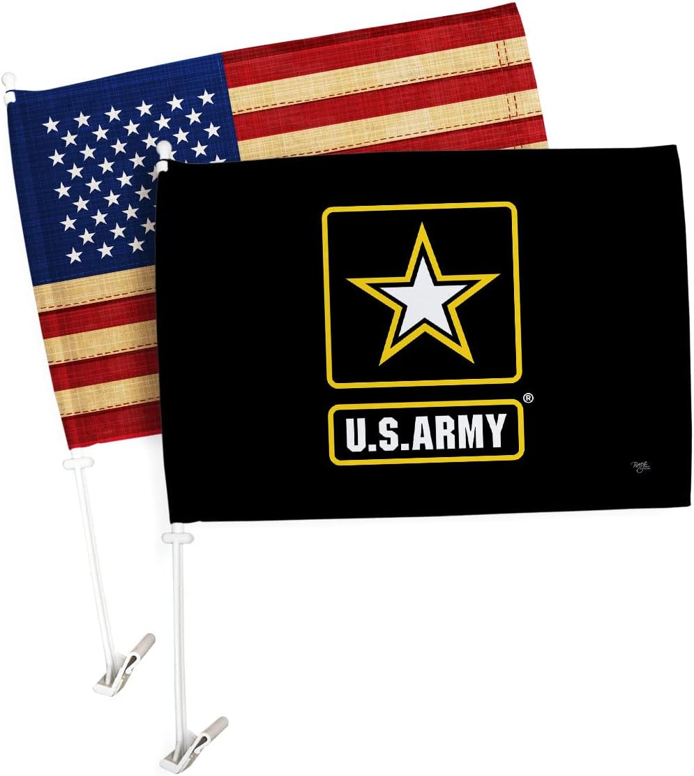 Army Car Flag US Soilder Vintage American Flags Pack Bandera para Carros Auto Decor Banner for Window Clip Pole Offical Accessories Armed Forces Veteran Gift Memorial Day Decorations Made in USA