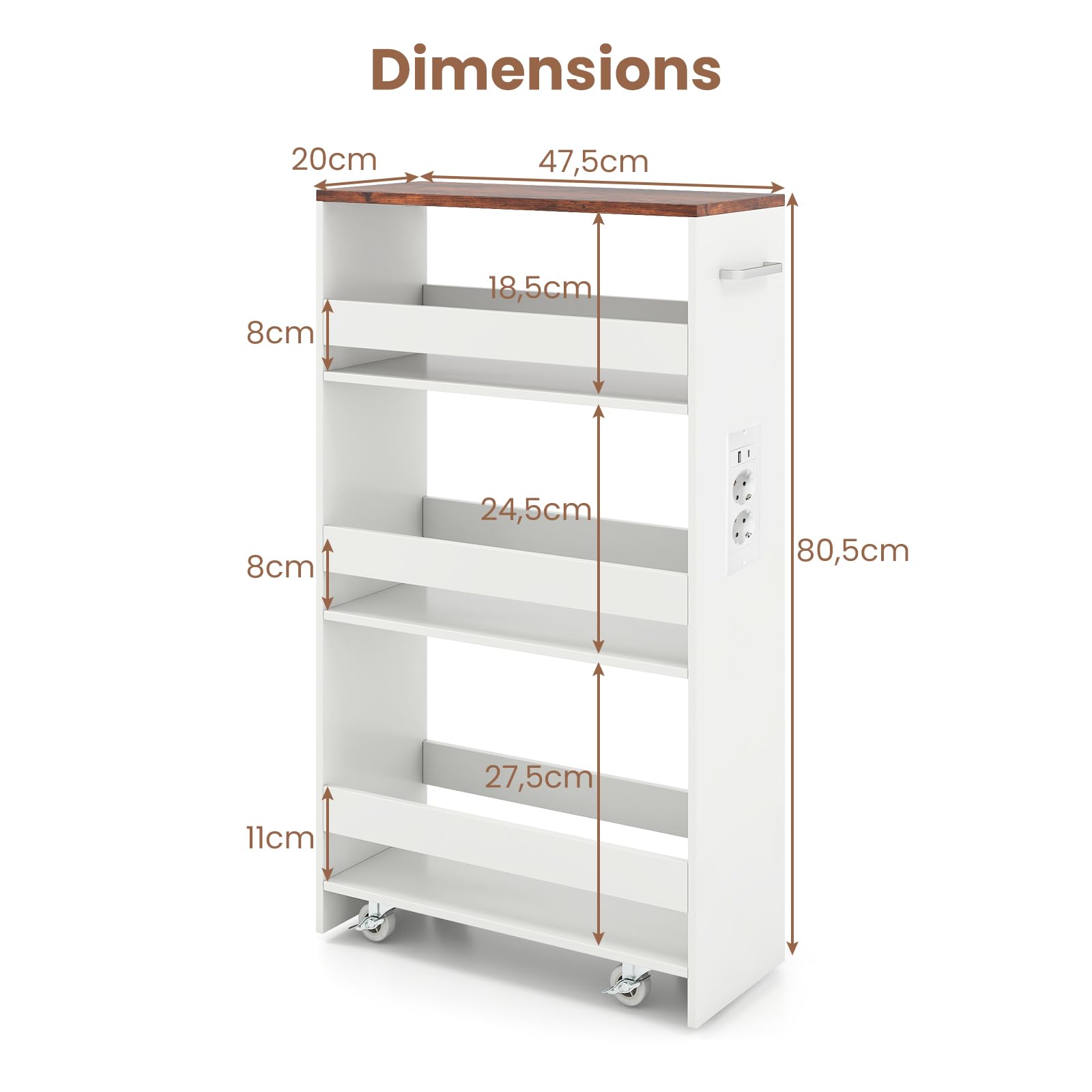 KOMFOTTEU Carro de Cocina de 4 Niveles, Carrito Auxiliar con Estación de Carga, Carrito Estrecho Ahorra Espacio con 4 Ruedas, Mueble de Almacenaje para Baño (Blanco e Industrial, 47,5 x 20 x 80,5 cm)