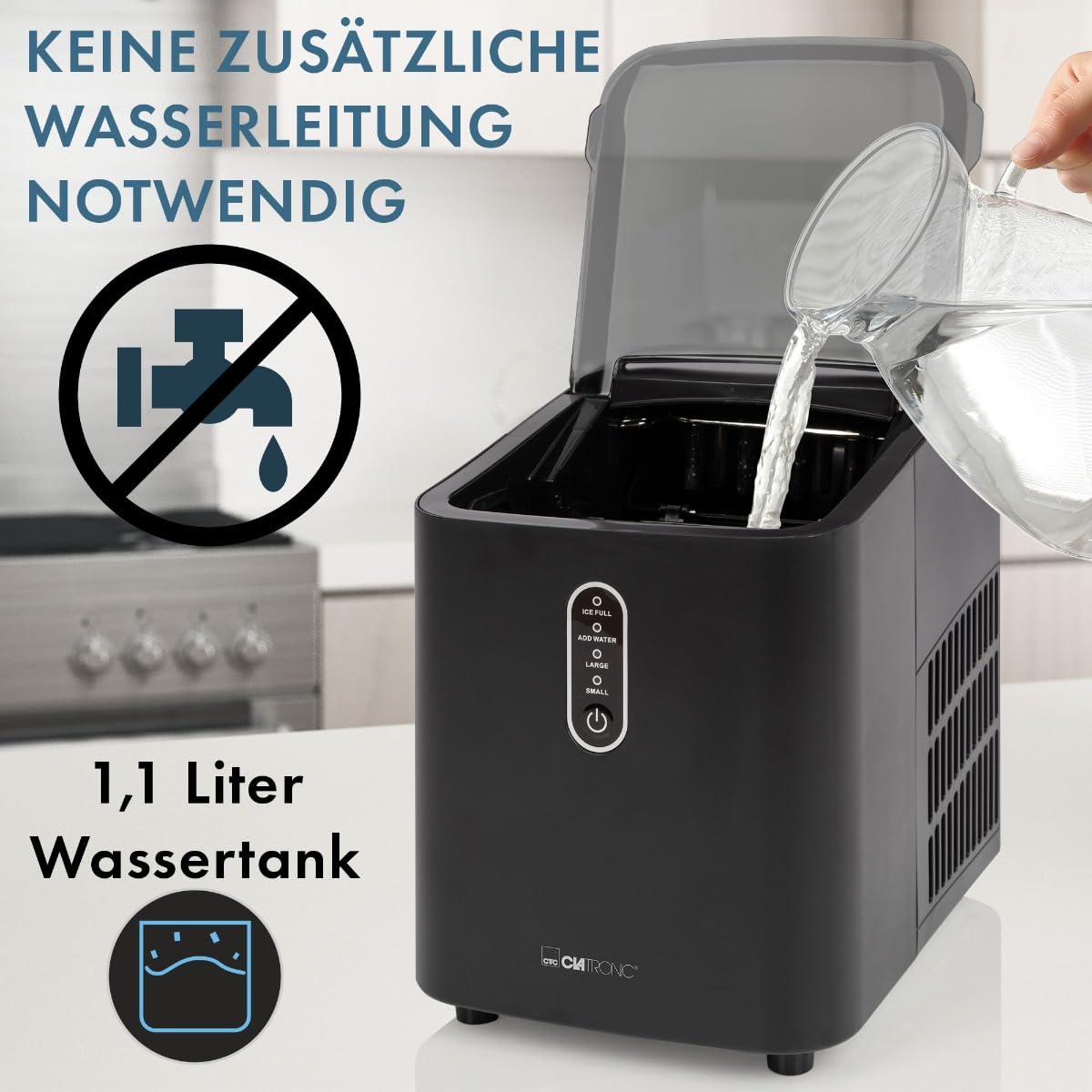 Clatronic® Eiswürfelmaschine schnelle Produktion - Eiswürfel in 10 Minuten | bis zu 10kg Eis in 24 Std. | Eiswürfel Maschine mit 2 Eiswürfelgrößen & 1,1L Wassertank | inkl. Eis-Schaufel | EWB 3798