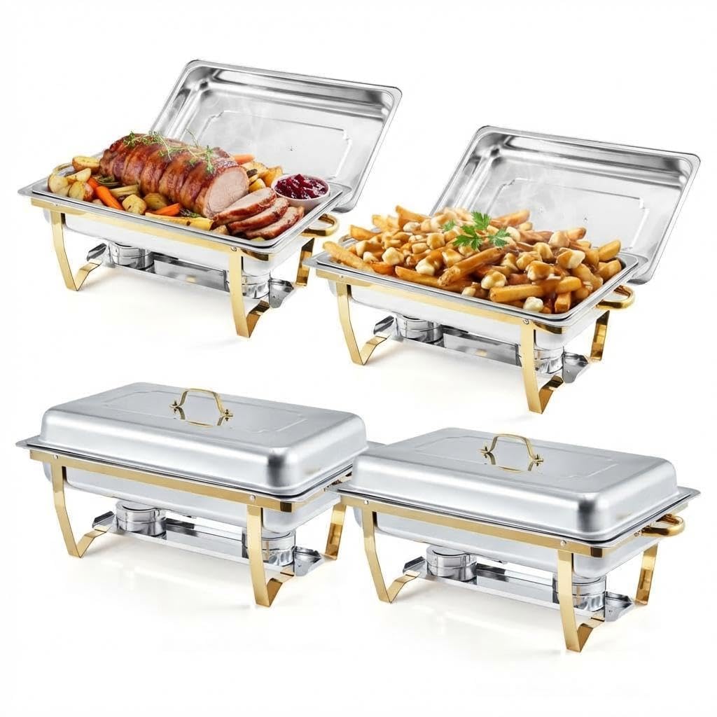 Garvee Set de 4 bandejas rectangulares para Buffet de 8L – Acero Inoxidable Dorado – Calienta Alimentos con Tapa y Soporte Plegable – para Catering, Fiestas, Bodas y restaurantes – 4 Piezas, Dorado,