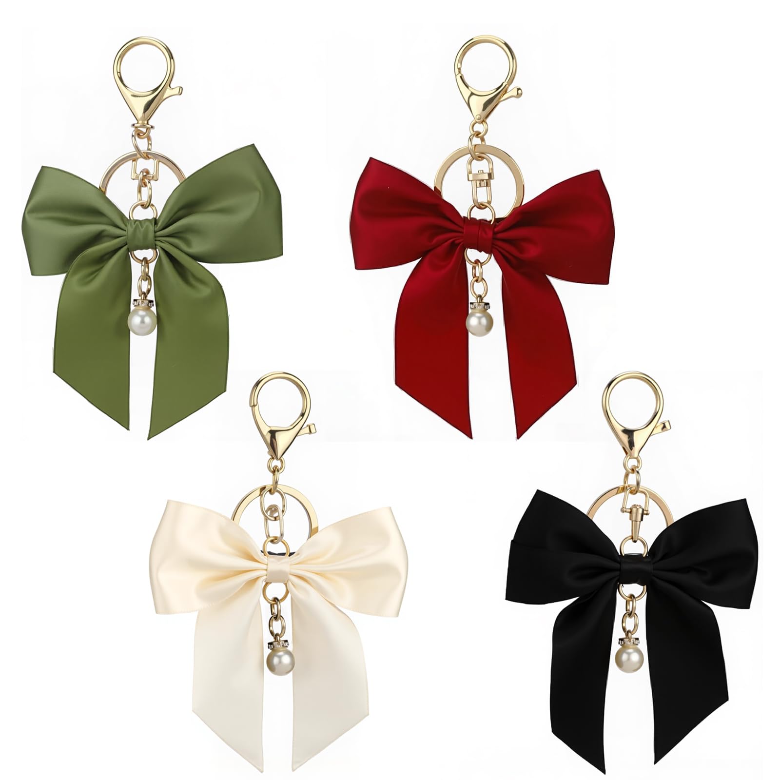 Bow Purse Charms for Handbags, Bow Keychain Pearl Cute Bag Accessories Keychain Charms for Purse Backpack, Black Red White Green Bowknot Key Ring, 4 Pack
