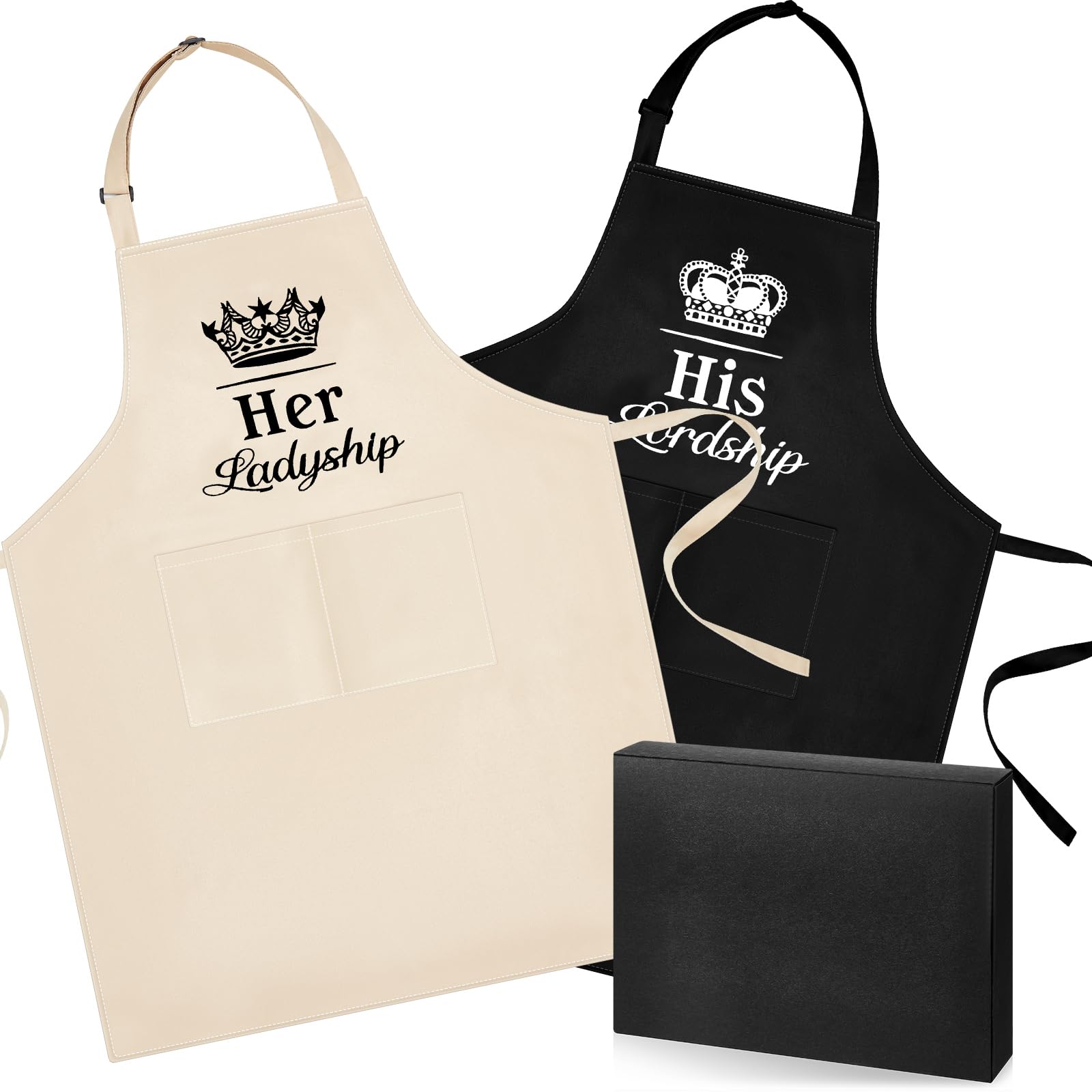 SATINIOR His and Hers Couple Aprons Set Wedding Gifts with Cards and Box, Adjustable Waterproof Mr and Mrs Cooking Aprons with Pockets for Wedding Engagement Anniversary