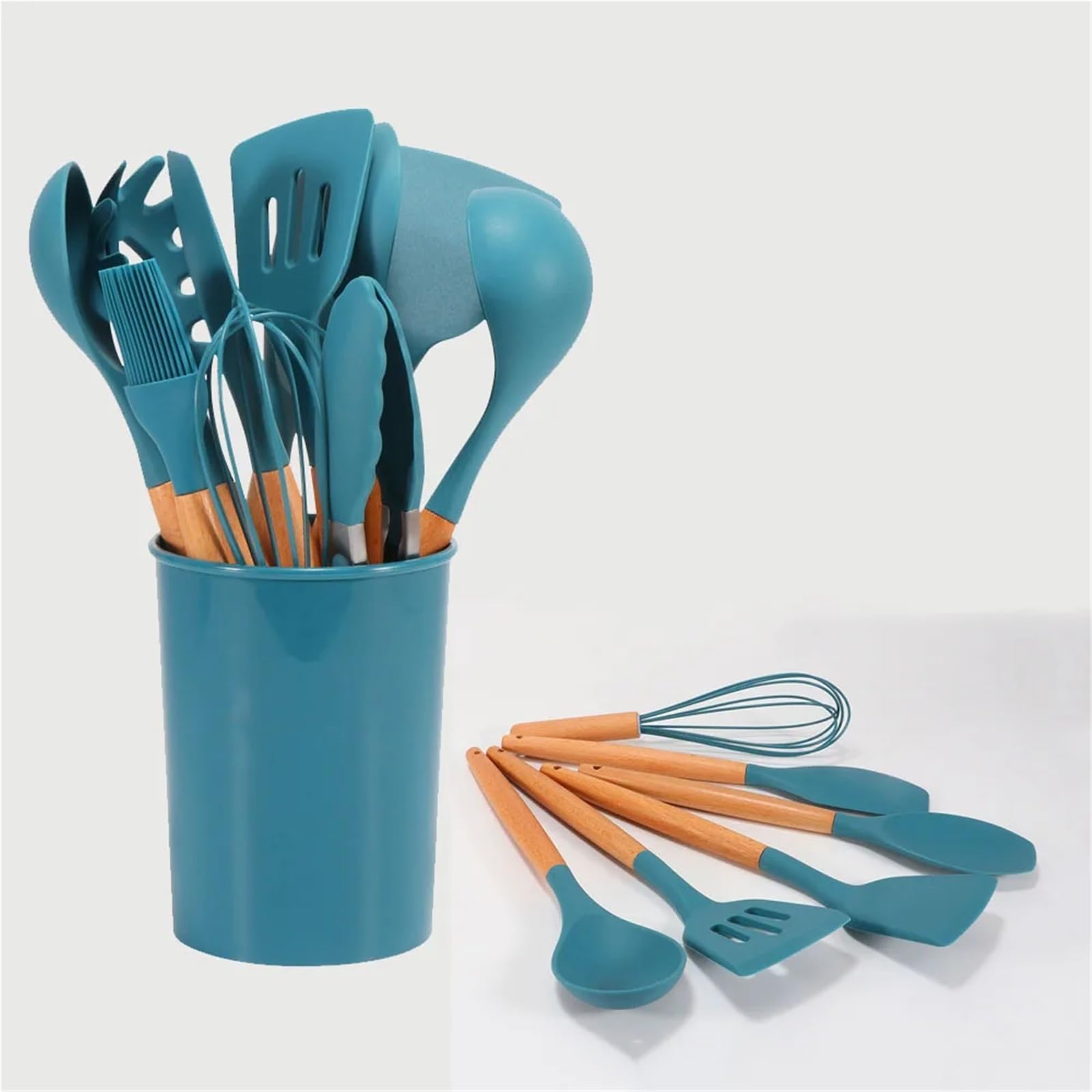 Espátula de silicona azul, cuchara, pinzas, utensilios, sopera resistente al calor, espátula antiadherente, pala con mango madera, herramienta cocina(Oil brush)