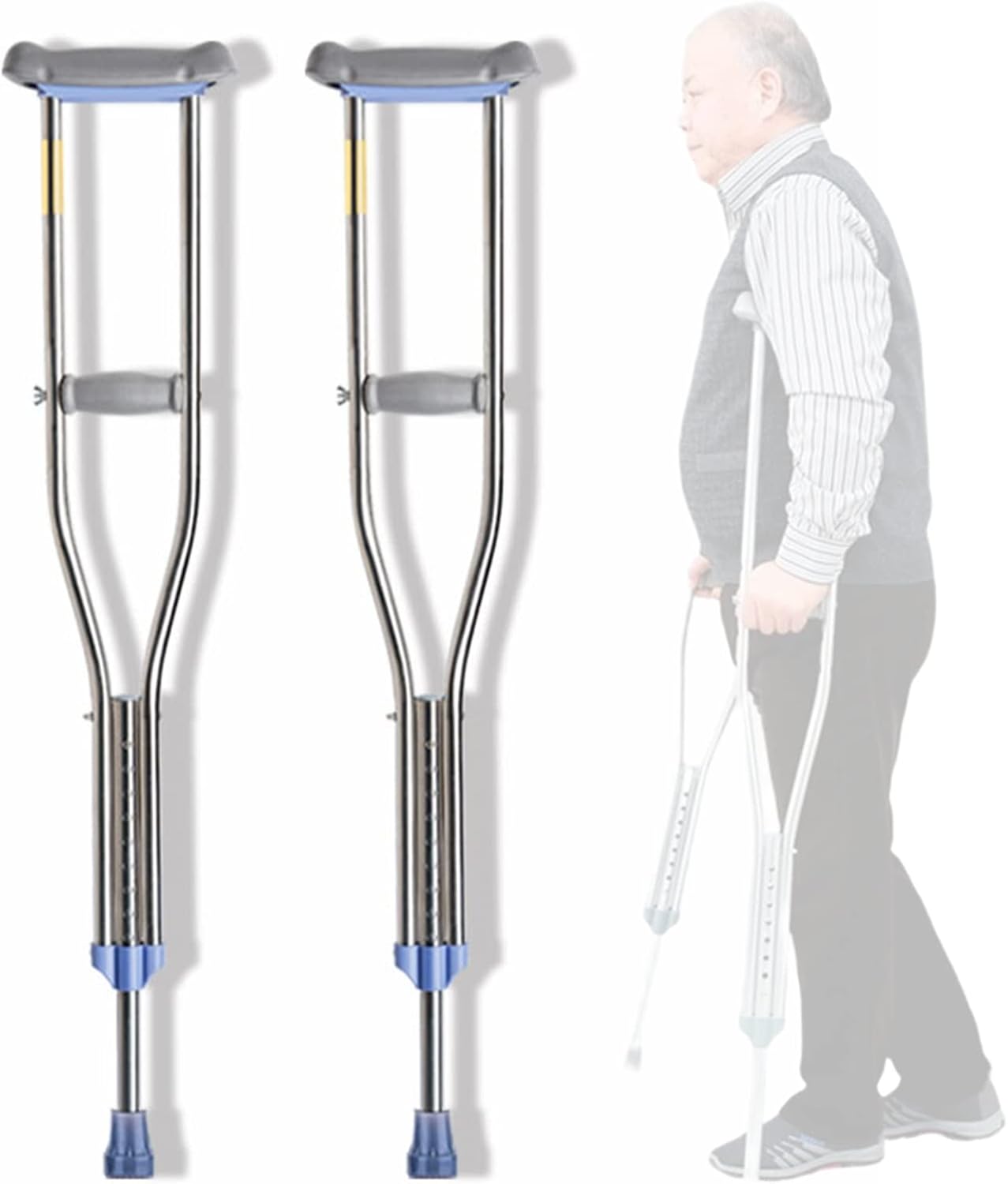 Pair Steel Underarm Crutches, Adjustable Crutches for