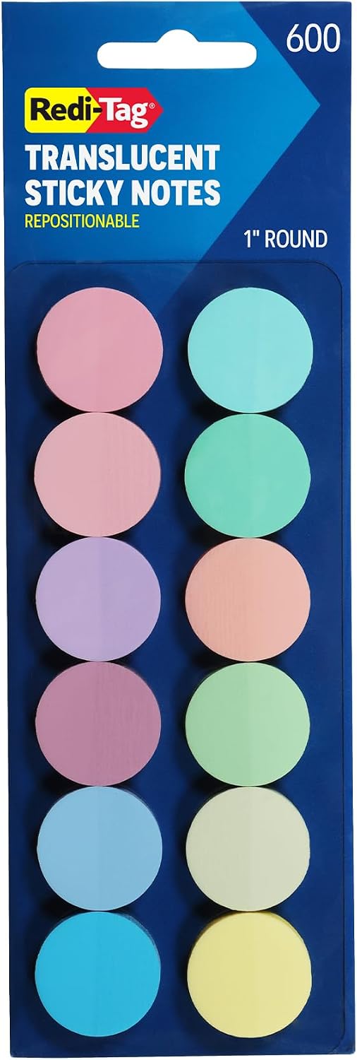 Redi-Tag Transparent Sticky Notes, 12 Pads Per Pack, Circle Sticky Notes, Round Adhesive Notes, Small Sticky Tabs for Organizing, 1 inch Diameter, 12 Pastel Colors (1016719)