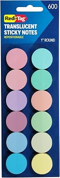 Redi-Tag Transparent Sticky Notes, 12 Pads Per Pack, Circle Sticky Notes, Round Adhesive Notes, Small Sticky Tabs for Organizing, 1 inch Diameter, 12 Pastel Colors 1016719