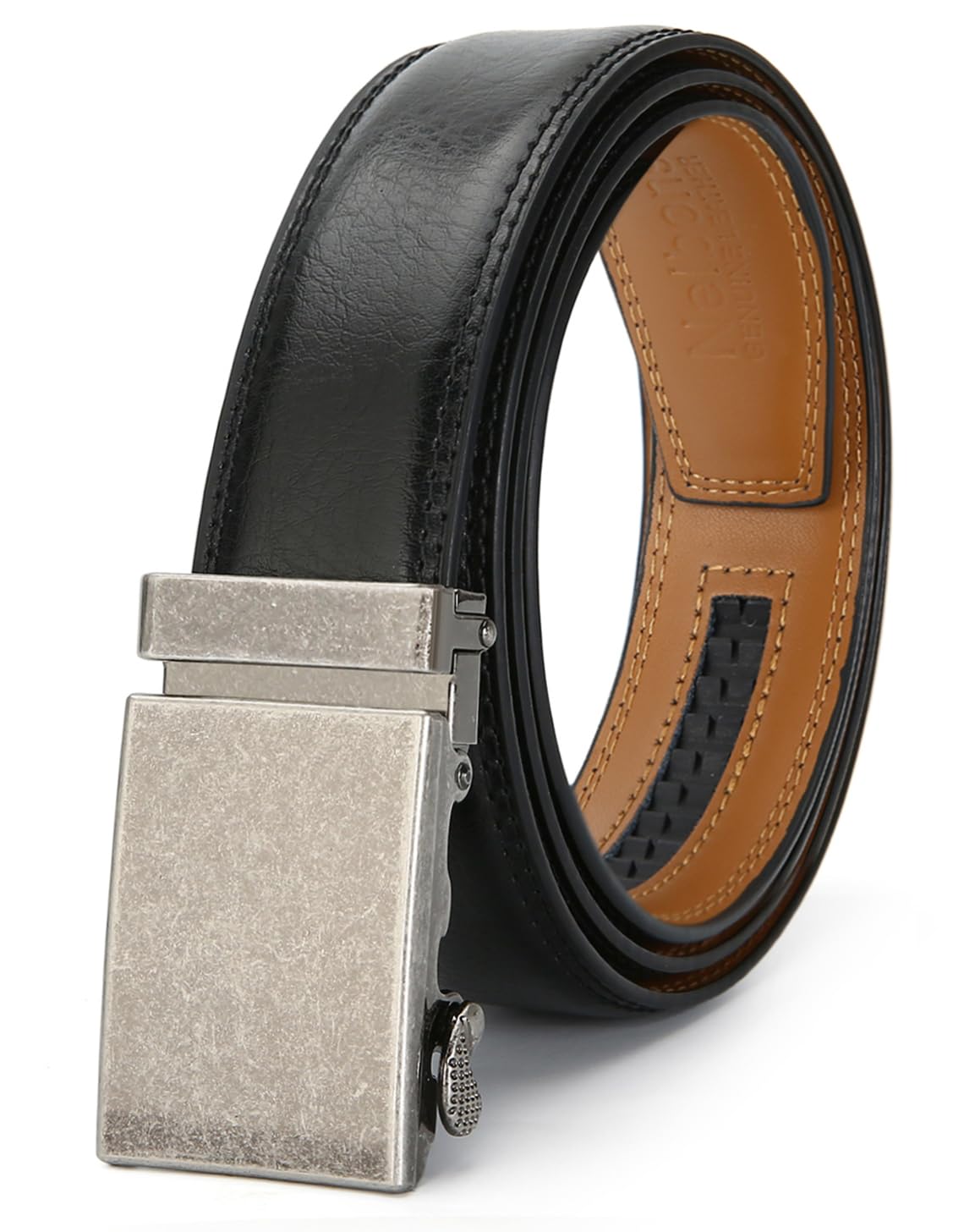 Nelbons Men's Belt, Slide Ratchet Belt for Men with Leather 1 3/8“ width 35mm,Trim to Fit (Black A9, 130cm / 28 "-44" adjustable waist)