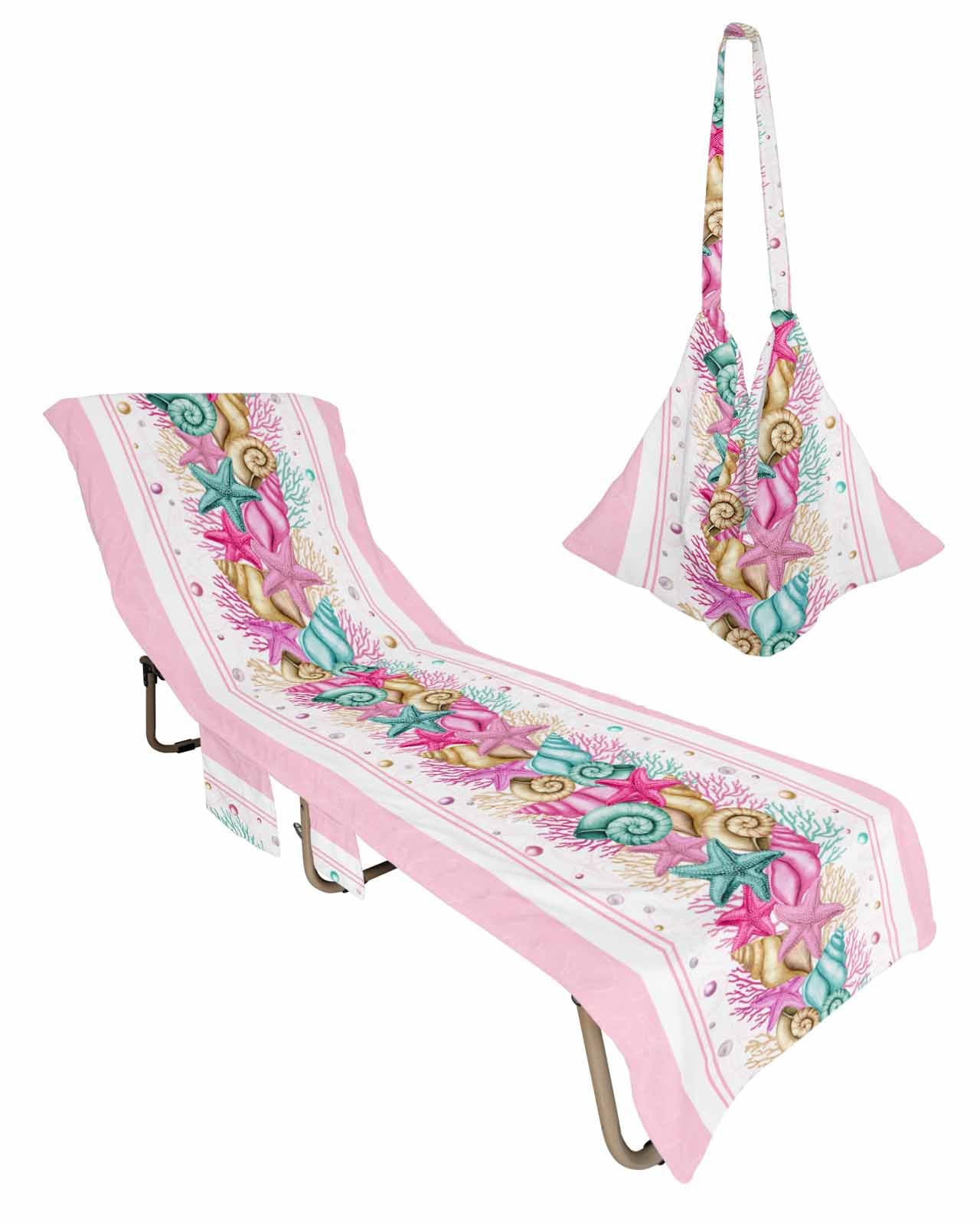 Pink Coastal Beach Lounge Chair Towel Cover, Soft Chaise Lounge Towel with Side Pockets Patio Pool Chairs Cover for Beach/Pool Sunbathing 29x85 Nautical Starfish Coral Shell Beach Ocean