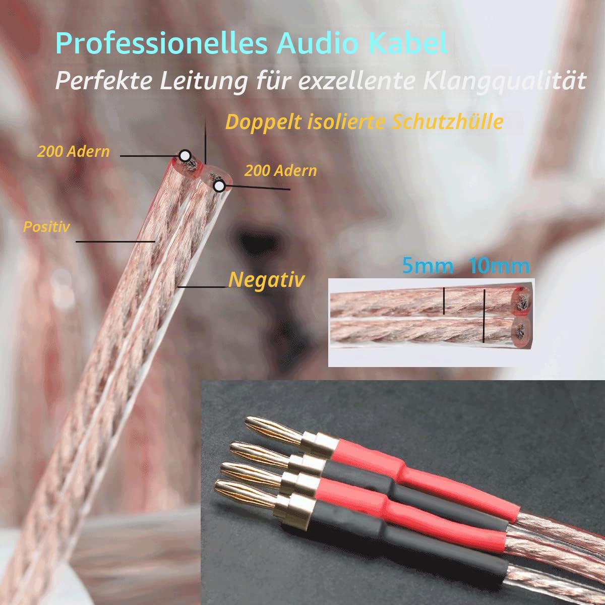 13 AWG Bananen-Lautsprecherkabel, 2 Pack 3m HiFi-Lautsprecherkabel mit vergoldeten Bananensteckern, Audiophile Stecker zu Stecker Audio Kabel für Audiophile (3m / 9.8FT)