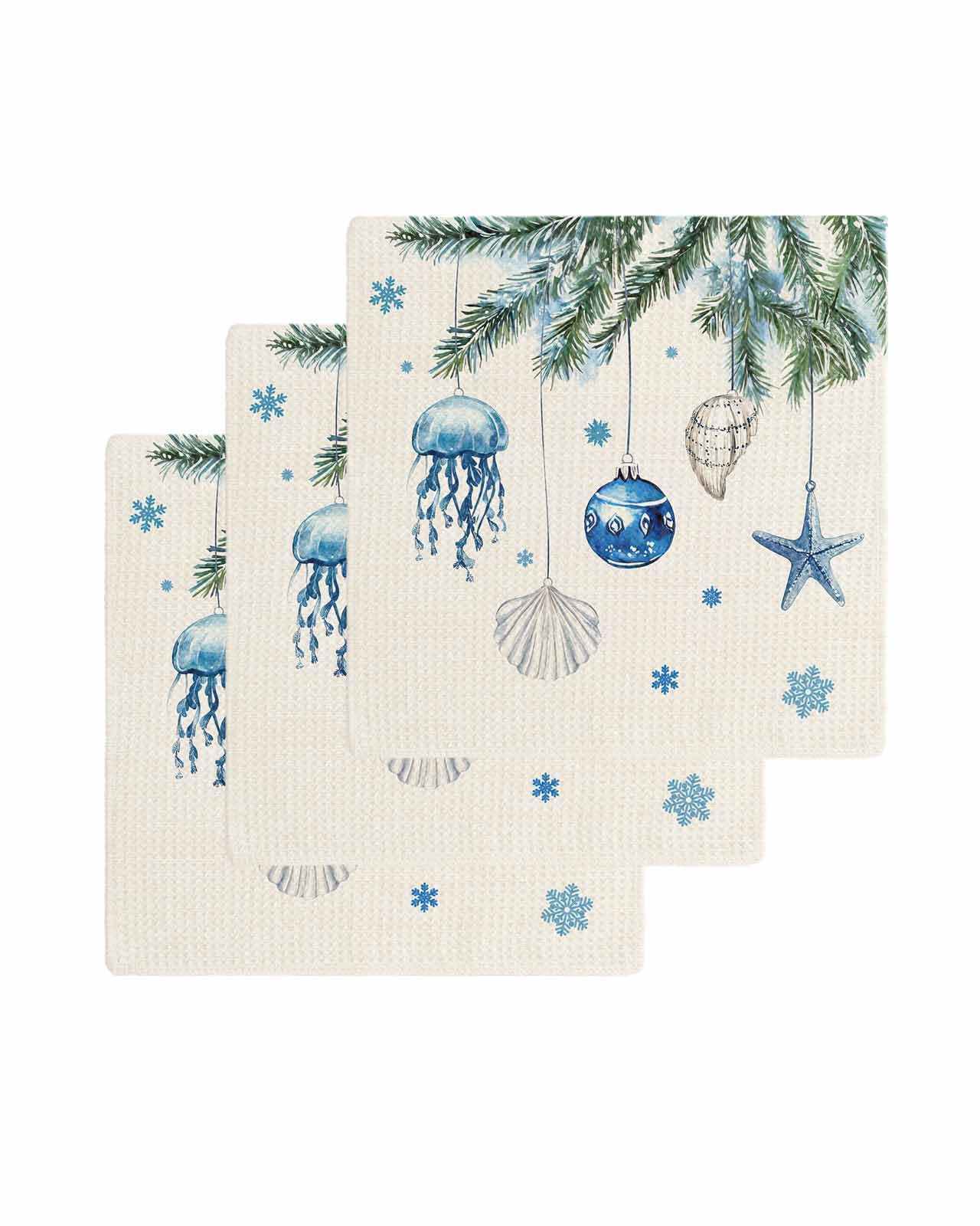 Hokiten Blue Coastal Christmas Waffle Kitchen Towels Dishcloths, Xmas Botanical Starfish Rustic Absorbent Dish Towels | Hand Towels for Bathroom/Bar,