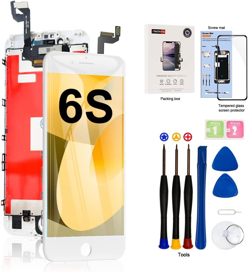 EFAITHFIX for iPhone 6S LCD Screen Replacement Black 4.7 Inch Frame Assembly Display 3D Touch Screen Digitizer with Repair Tools Kit Tempered Glass Screen Protector for A1633, A1688, A1700 (White) for iPhone 6S-White