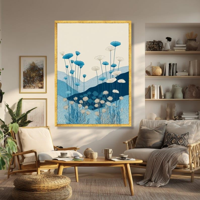 Tableau sur toile design bleu blanc affiche plante moderne deco salon 60x90