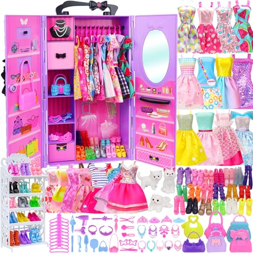 Ecore Fun 86 Pcs Doll Accessories with Closet Wardrobe for 11.5 Inch Dolls Dress Up Set Including Wardrobe Handbags Dress Shoes Hangers Necklace Pet and Other Accessories (No Doll)…