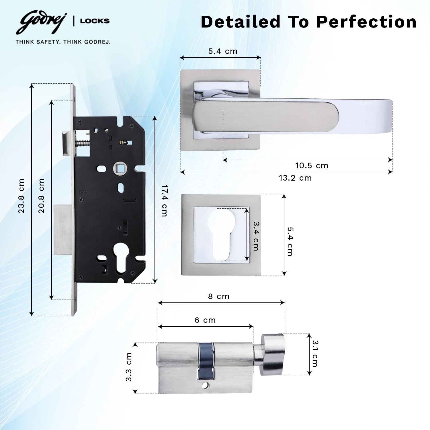 Godrej Mortise Lock | Handle Lock Set for Main & Internal Doors | Gloria Home Décor Handle | Satin Steel Finish | 9 Inch Lockbody | 60mm 1CK Cylinder Knob from Inside Key Outside | 3 Keys — Amazon image 5
