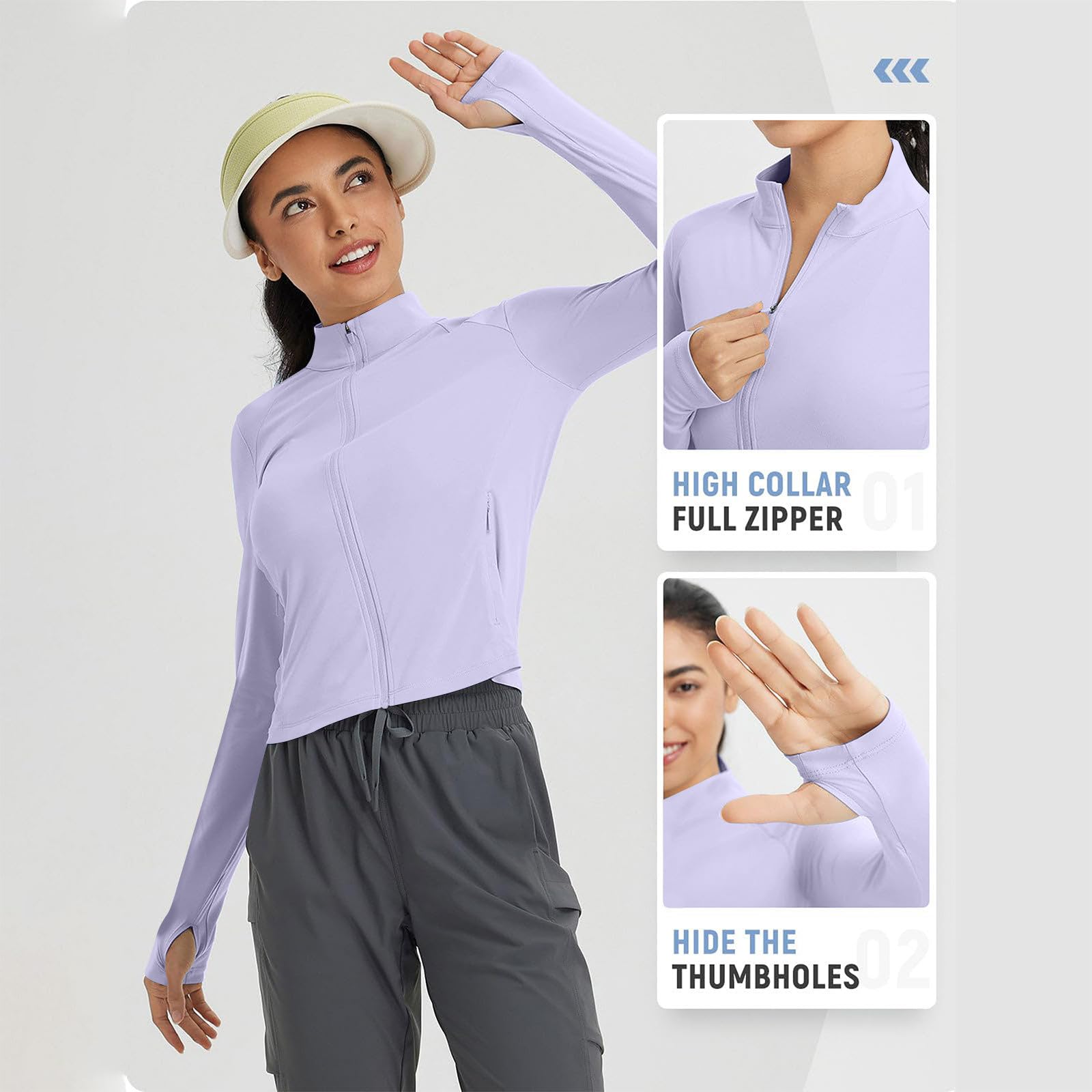 Women's UPF 50+ Sun Protection Tops UV Outdoor Running Crop Jacket Long Sleeve Full Zip Lightweight Rash Guard(Purple,Small)
