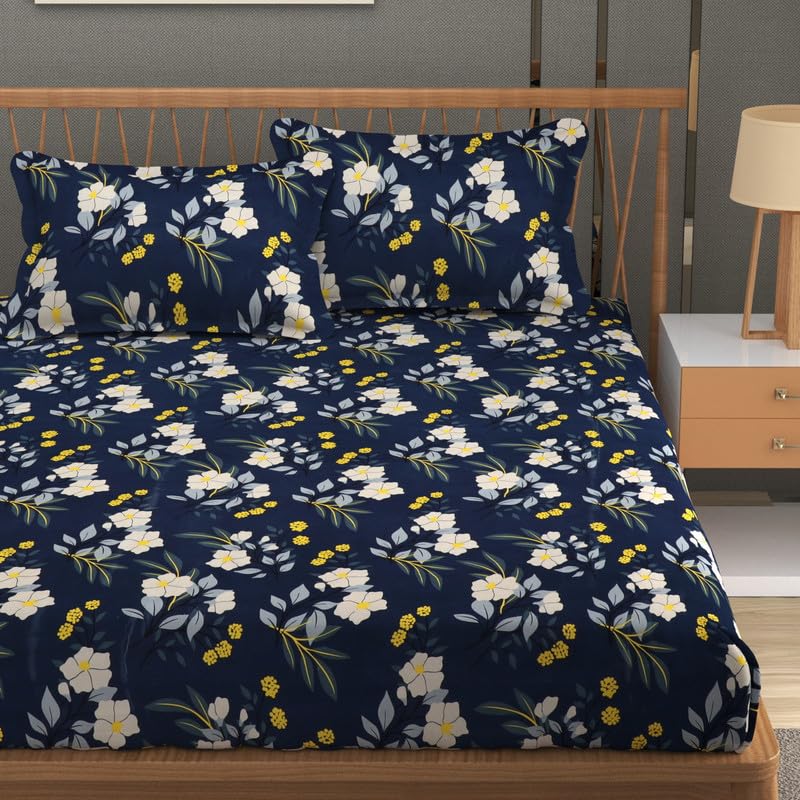 Image of NHD HOME Cotton 220 TC Super King Size Bedsheet Floral Print 108 X 108 Inch Size with 2 Pillow Cover, 275 X 275 Cm Super King Size (9 Ft by 9 Ft) (Black White)