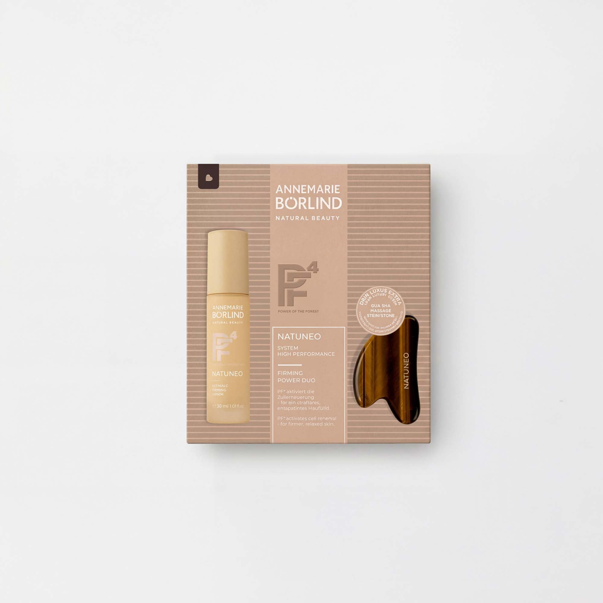 ANNEMARIE BÖRLIND NATUNEO Firming Power Duo Mit Serum 30ml + Gua Sha Stein | Anti-Aging Serum, Tigerauge Gua Sha, Pflegeset, Mildert Falten, Verlangsamt Hautalterung, Aktiviert Zellerneuerung