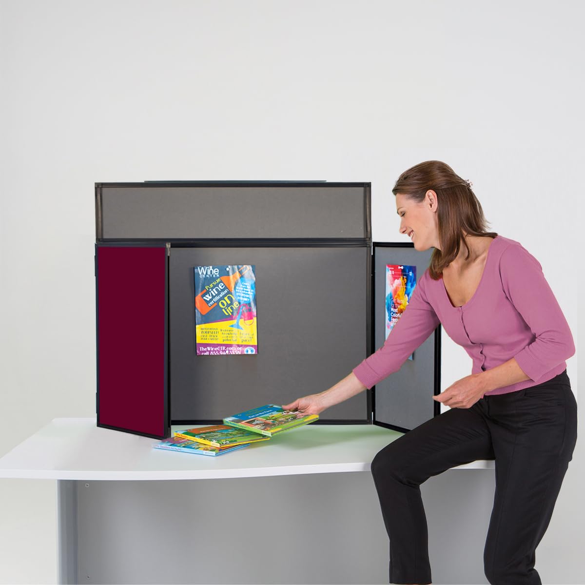 Exhibition Display Panel Kit with a Clip on Header | Double-Sided Burgundy/Dove Grey with Black PVC Frame - (Landscape)| Ideal for Table or Desk top displays | Great for Healthcare & Education