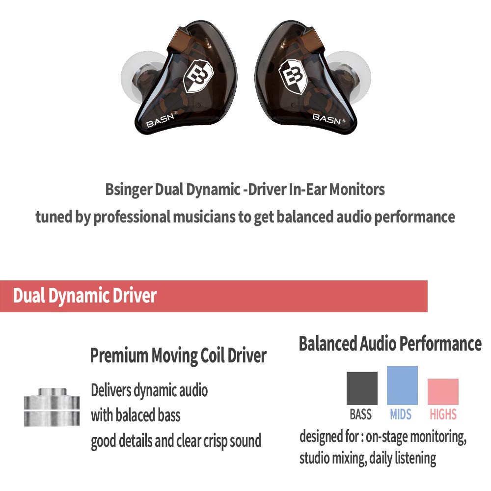 BASN Bsinger - Auriculares intrauditivos con doble controlador dinámico (marrón) | Aislamiento de ruido, auriculares con cable de alta definición con cable MMCX desmontable para músicos bateristas cantantes