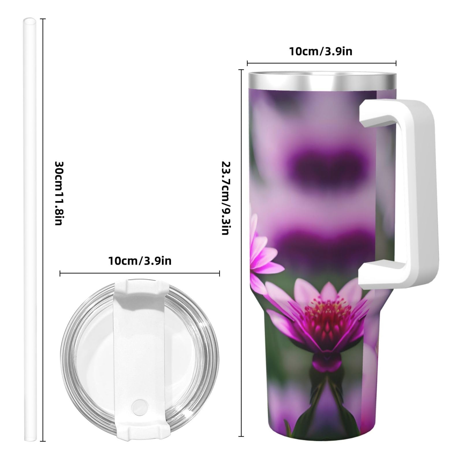 Trinkflasche aus Edelstahl, doppelwandig, isoliert, mit Griff und Strohhalm-Deckel, 1,2 l, Pink Flower Purple Butterfly 1
