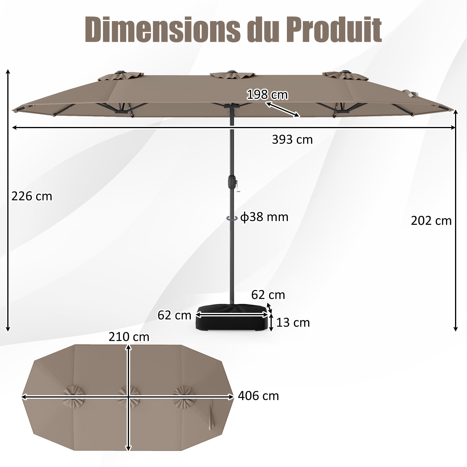 GOPLUS Grand Parasol de Jardin Exterieur avec Pied, 4M Parasol Rectangulaire Double Face pour 6 Personnes avec LED, Manivelle et Ventilation, pour Marché, Piscine, Terrasse, Balcon (Café)