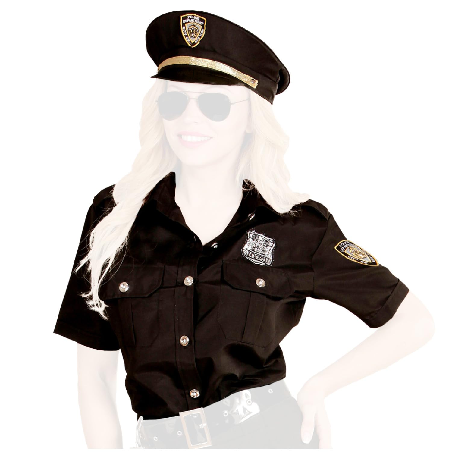 Com-Four Policewoman Costume - NY Police Officer Blouse and Hat for Carnival, Theme Party, Halloween - Size XL - Black