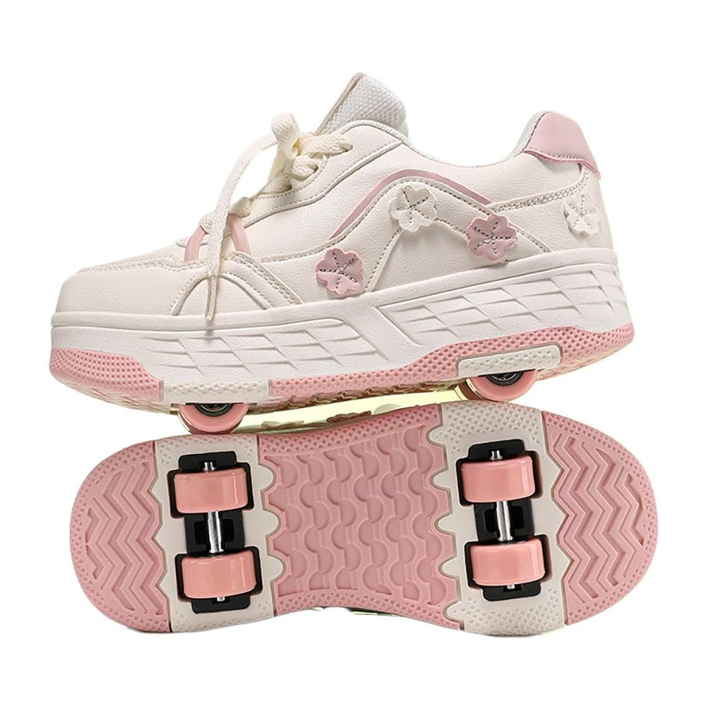 Pattini A Rulli in Stile Floreale, Scarpe per Pattini A Rulli per Ragazza Ragazzo, Quattro Ruote Trainer Pattini A Rulli Adulti Adolescenti Unisex con Ruote Posteriori Ritirabili,Pink-EU34