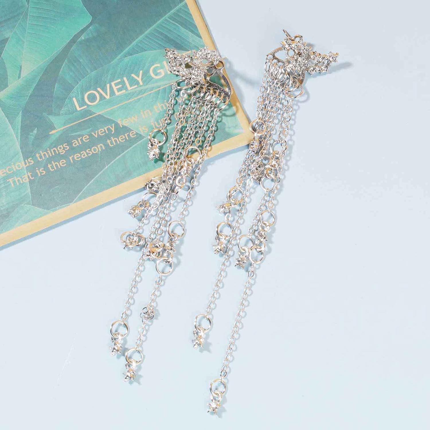 Star Chain Dangle Earrings Silver Tassel Chain Earrings Bohemia Star Ear Climber Earrings Long Crystal Tassel Drop Earrings Jewelry for Women (Silver) - Image 3