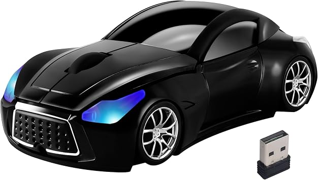 Car Mouse Wireless Cool Sport Car Shaped Computer Mice with LED Headlight USB Receiver 1600 DPI 3 Buttons 2.4GHz Portable Optical Mini Small Mouse for Laptop PC Desktop Computer Kids Gift Black