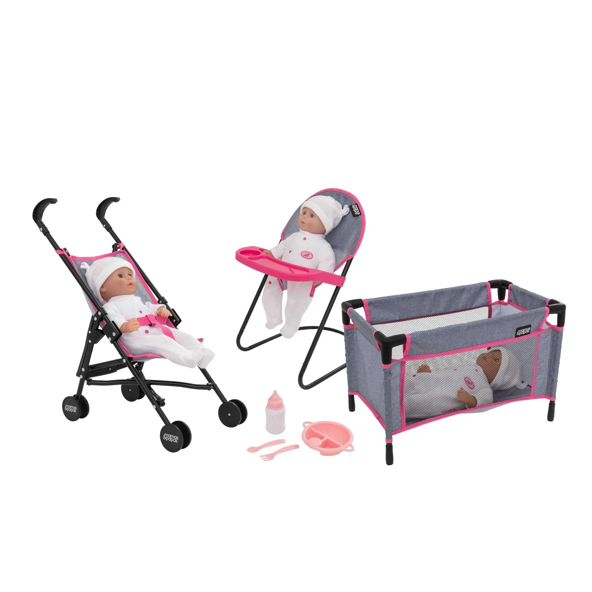 HTIMamas & Papas Junior Nursery Playset | 7 Piece Nursery Playset Doll Highchair, Reusable Feeding Set, Stroller & Cot | Prams, Pushchairs and Dolls Accessories For Kids Boys & Girls | 3+